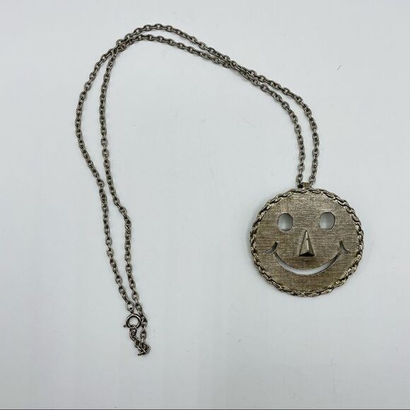Vintage Silver Smiley Face Necklace on Long Chain - Picture 1 of 4